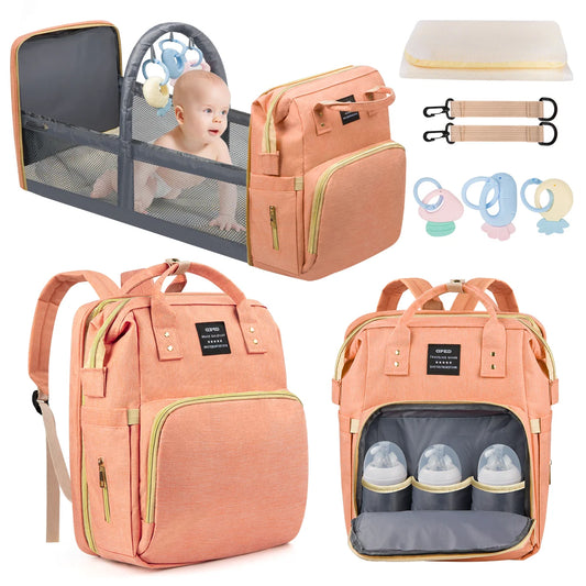 Sweet Pea Pack, Multifunctional Baby Diaper Bags with Changing Station &Foldable Crib, Large Baby Bag for 0-6 Month Boys Girls W/ USB Charging Port&Stroller Strap, Mom Gifts Baby Essentials